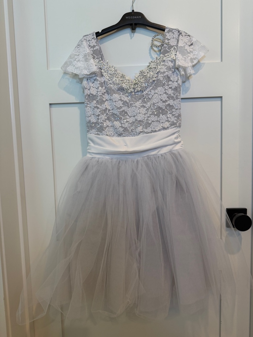 Weissman Silver Lace & Tulle Party Dress with Beaded Neckline